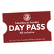 Red day pass ticket with white text and a logo on a white background